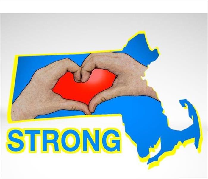 Image of state of Massachusetts with hands forming a heart and text; Strong 