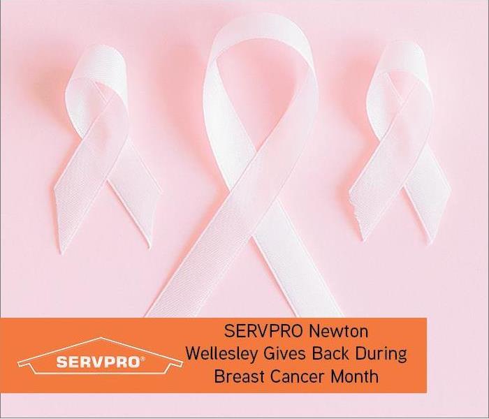 Pink Breast cancer ribbon with orange text box with SERVPRO logo